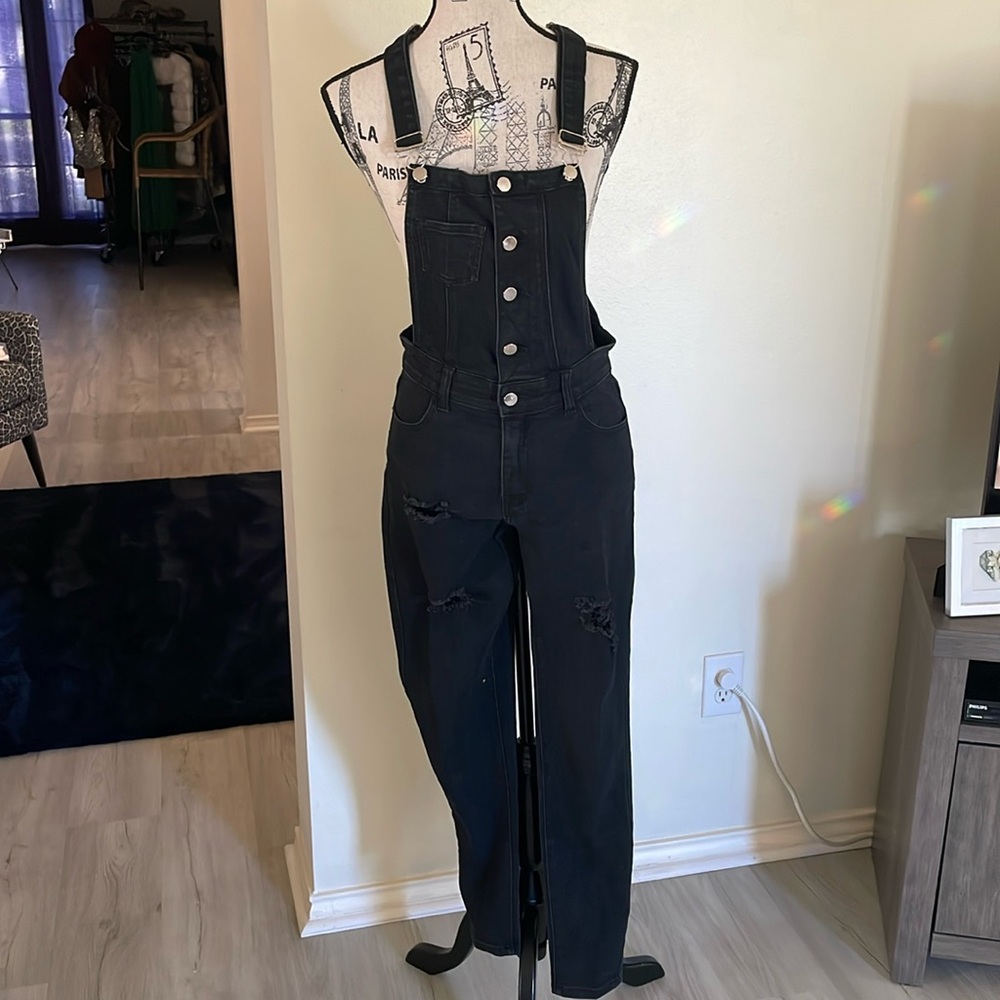 Ling Collection Distressed Denim Overalls-Black-Size L-Skinny Legs-Stretchy